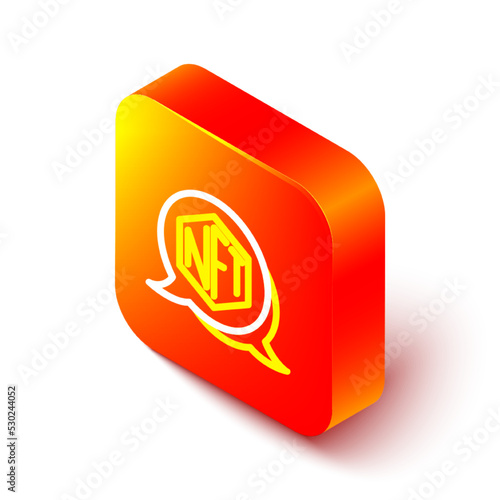 Isometric line NFT Digital crypto art icon isolated on white background. Non fungible token. Orange square button. Vector