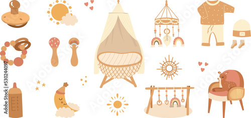Set of cute boho baby objects in Scandinavian style. Cartoon doodle kids clipart for baby shower invitation card, nursery room decor, poster. vector illustration.