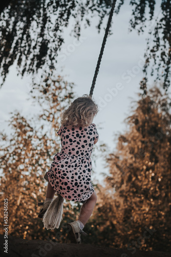 A baby girl in a pink dress swings on a bungee swing made of a wooden board with a rope attached to a tree branch in autumn