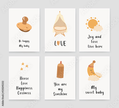 set of invitation cards for children with the moon, the sun, a baby cot and a pacifier. congratulation. Vector illustration.