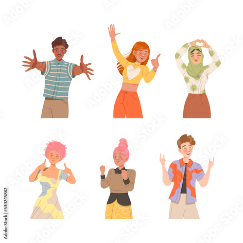 People Characters Showing Positive Hand Gesture Feeling Happy Vector Illustration Set