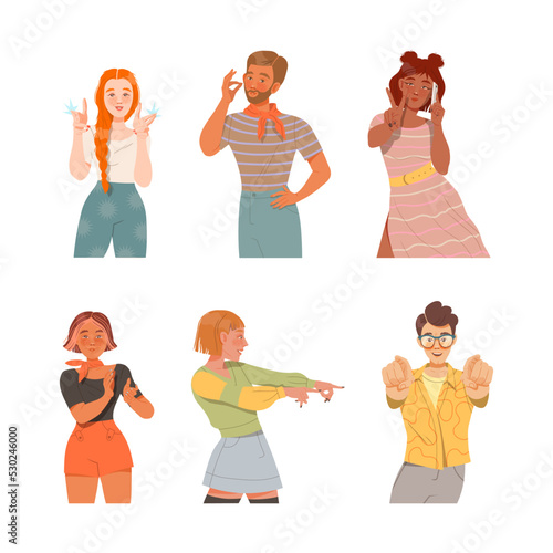 People Characters Showing Positive Hand Gesture Feeling Happy Vector Illustration Set