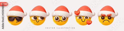 Christmas and New Year holiday emoticons collection. Set Icon Smile Emoji in Red Hat Santa Claus. Realistic Yellow Glossy 3d Emotions face. vector illustration