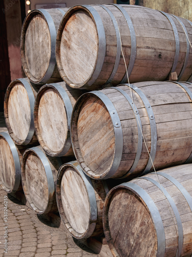 Oak barrels for storing wine.