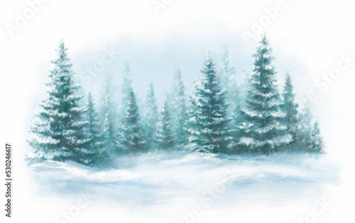 Pastel background drawn landscape of foggy forest, winter hill. Wild nature, taiga. © Leyasw