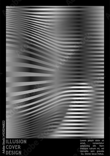 Geometrical Poster Design with Optical Illusion Effect.  Minimal Psychedelic Cover Page Collection. Silver Wave Lines Background. Fluid Stripes Art. Swiss Design. Vector Illustration for Placard.