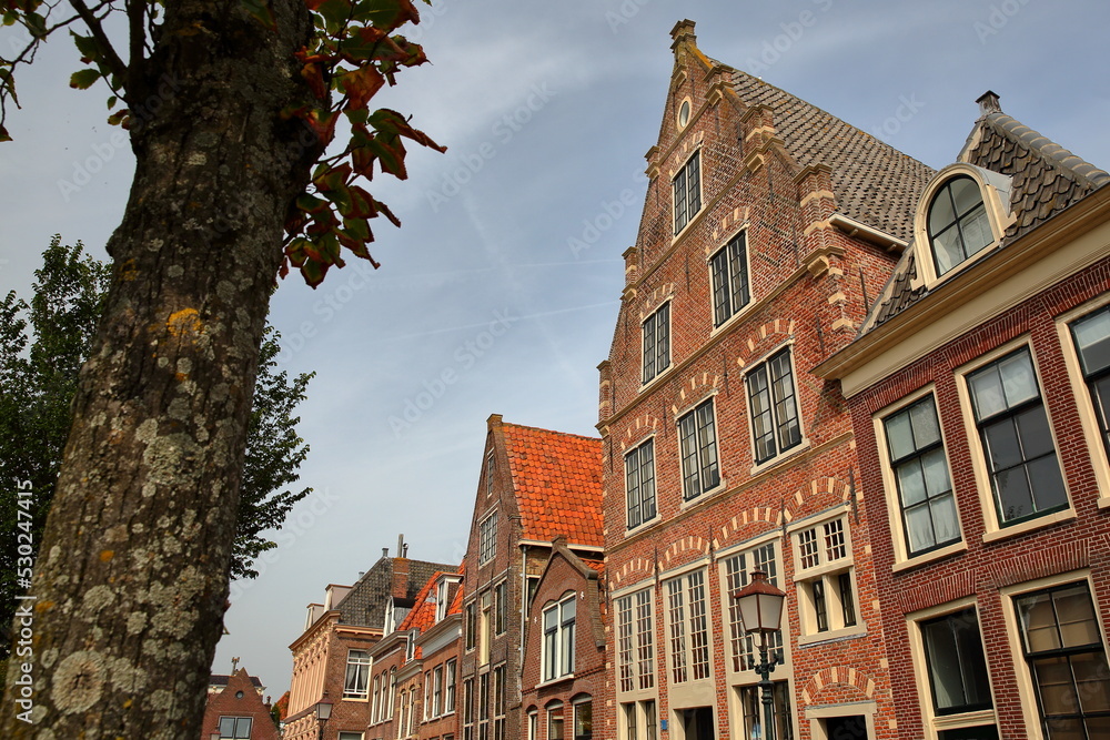 Fototapeta premium The colorful facades of historic houses located along Korenmarkt street near the harbor (Binnenhaven) of Hoorn, West Friesland, Netherlands