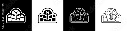 Set Stained glass ancient cathedral, temple, church icon isolated on black and white background. Vector