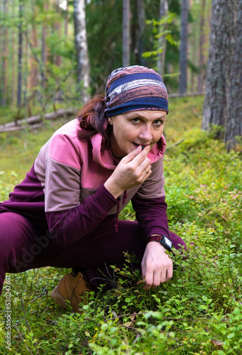 An attractive adult woman picks blueberries in the forest