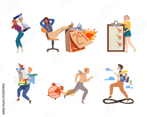 Time Management with People Characters Multitasking and Organizing their Time Vector Illustration Set