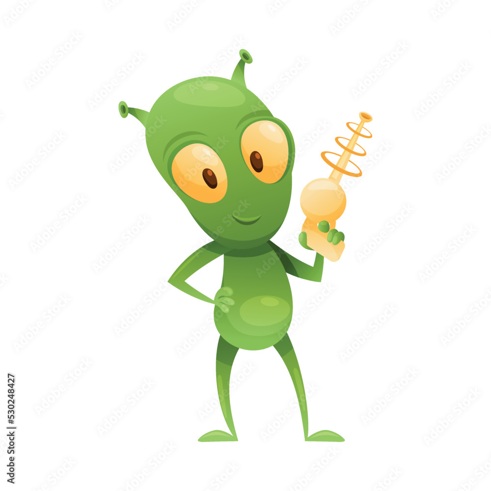 Obraz premium Funny Green Alien Character with Big Eyes and Small Antenna on Head Standing with Blaster Vector Illustration