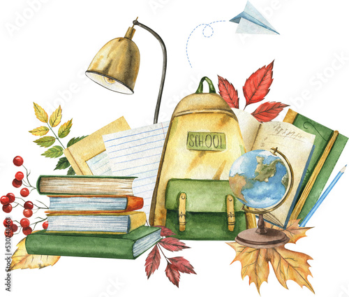 Colorful watercolor composition with school supplies, backpack, notebooks, desk lamp, books, globe and autumn leaves and branches. Back to School. Children's illustration.