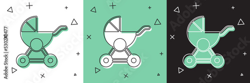 Set Baby stroller icon isolated on white and green, black background. Baby carriage, buggy, pram, stroller, wheel. Vector