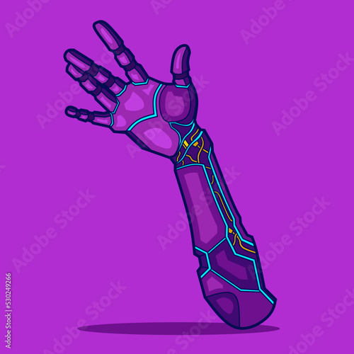 Robot cyborg hand in neon cyberpunk style vector design.