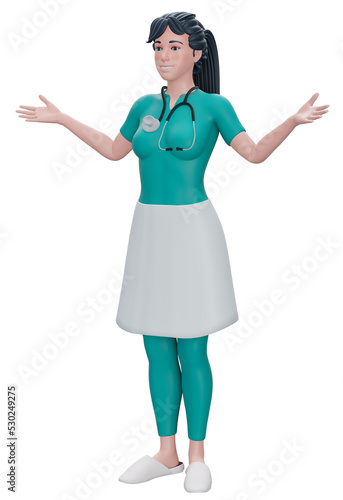 3d render. Cartoon character young women doctor with hands up isolated on background. 