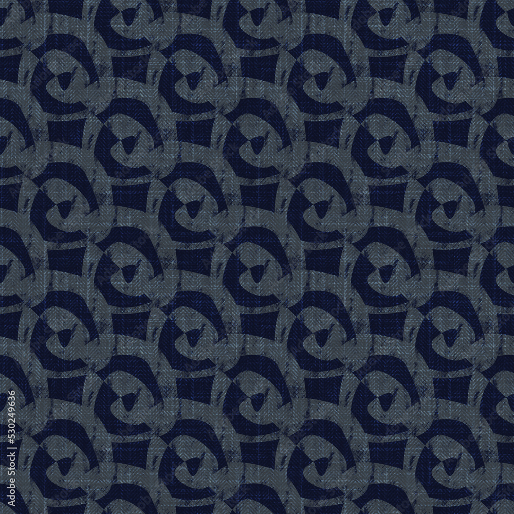 Seamless monochrome textured geometric pattern. Gray figures on a dark blue background. Seamless monochrome textured geometric pattern. Gray figures on a dark blue background.