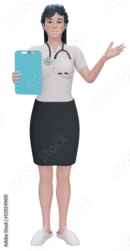 3d render., Doctor cartoon character shows clipboard with blank paper. ,Clip art isolated on blue background., Professional recommendation., Medical concept