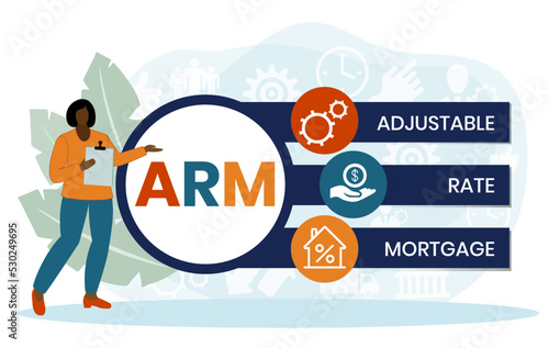 ARM - Adjustable Rate Mortgage. business concept background. vector illustration concept with keywords and icons. lettering illustration with icons for web banner, flyer, landing page, presentation