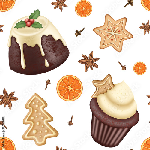 Seamless pattern with christmas pudding and cupcake. digitally drawn elements.