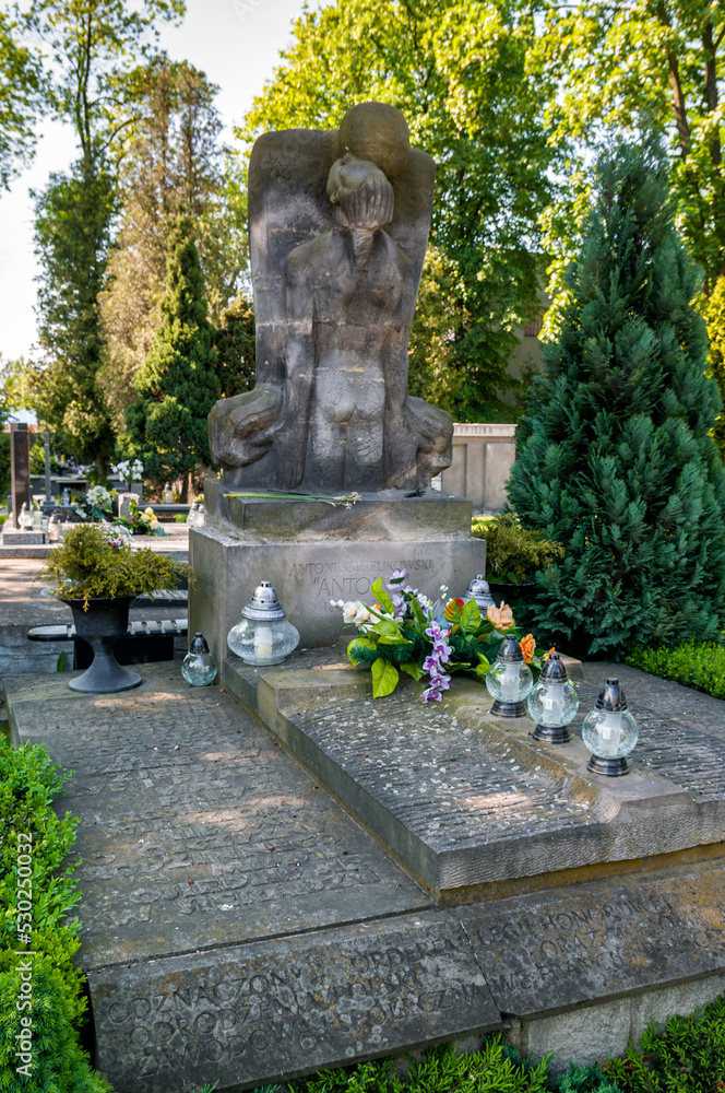 The grave of hairdresser Antoni Cierplikowski at the cemetery, Sieradz, Lodz Voivodeship, Poland