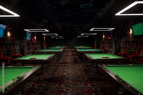 Interior of billiard club with pool table for game