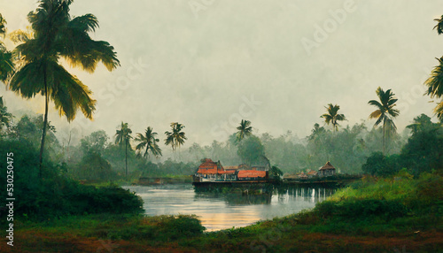 Fotografiet Kerala boat house palm trees landscape grass sky