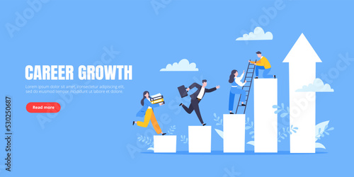 Business mentor helps to improve career and holding stairs steps vector illustration. Mentorship, upskills, climb help and self development strategy flat style design business concept.