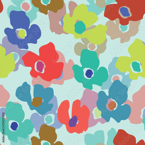 Seamless floral pattern with roses based on traditional folk art ornaments. Colorful flowers on color background. Doodle style. Vector illustration. Design for fabric, textile, paper