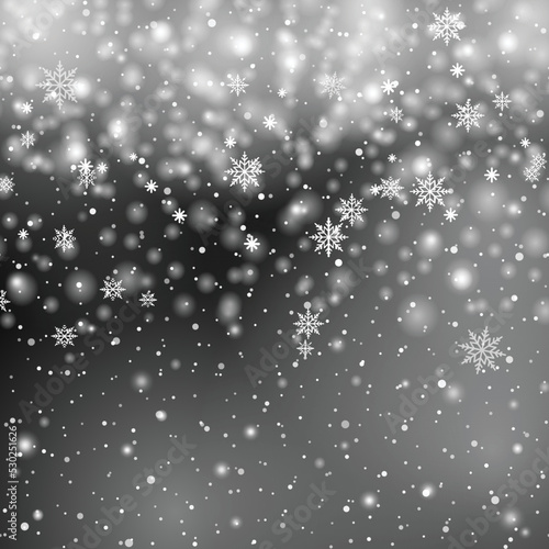 Xmas or New Year background with falling snowflakes isolated on black. Vector