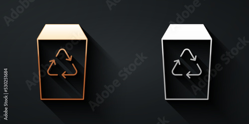 Gold and silver Recycle bin with recycle symbol icon isolated on black background. Trash can icon. Garbage bin sign. Recycle basket sign. Long shadow style. Vector
