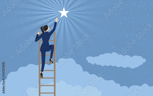 Businesswoman reaching out for the star using ladder