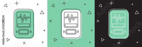 Set Seismograph icon isolated on white and green, black background. Earthquake analog seismograph. Vector