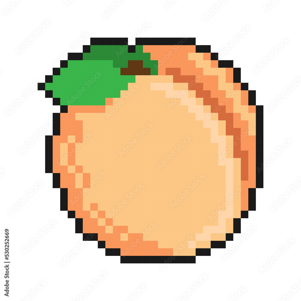 Fototapeta premium Pixel icon. Peach, apricot fruit. Exotic fruit. Autumn harvest. Simple retro game vector isolated on white background