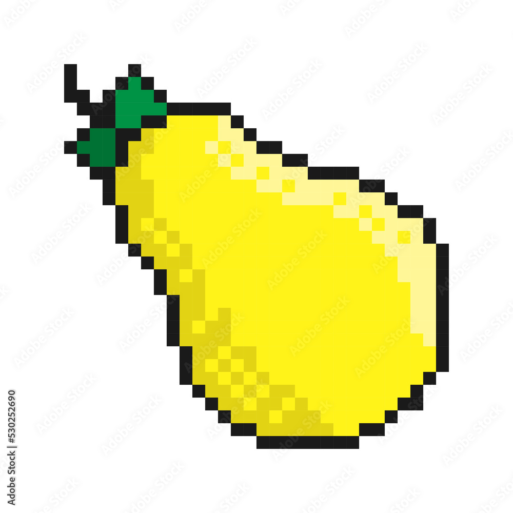 Fototapeta premium Pixel icon, pear fruit. Exotic fruit. Autumn harvest. Simple retro game vector isolated on white background