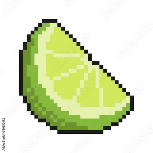 Pixel icon, sliced lime fruit, juicy citrus. Exotic lemon fruit. Harvesting of Citrus. Simple retro game vector isolated on white background