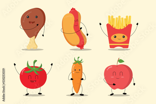Cute food mascot set. Cute junk food mascot design, fast food with face, happy apple fruit, fried chicken and healthy food vector illustration icon on pink background.