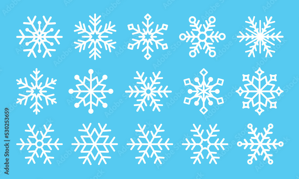 Snowflake icons set. White snowflake symbols on blue background. Snow icon. Vector illustrator Snowflake icons set. White snowflake symbols on blue background. Snow icon. Vector illustrator