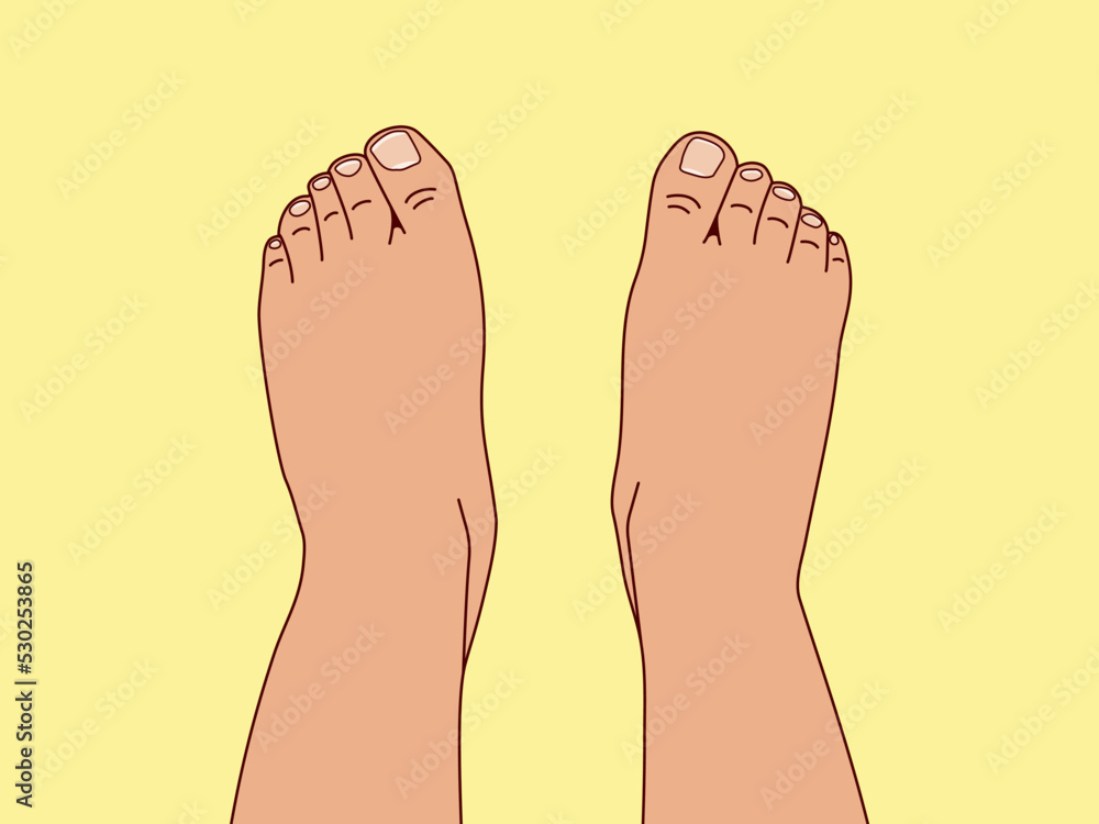 Top view of two bare human feet. Foot legs. Vector flat outline illustration isolated on yellow