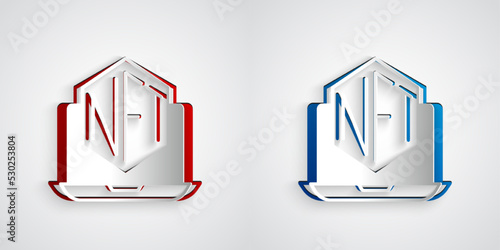 Paper cut Laptop with art store app icon isolated on grey background. Technology of selling NFT tokens for cryptocurrency. Non fungible token concept. Paper art style. Vector