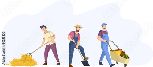 Male farmers and gardeners with agricultural tools set. Farm workers making haystack with pitchfork, digging with shovel, pushing wheelbarrow with vegetables