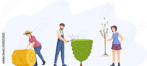 Farmers and gardeners working on farm or garden set. Agricultural workers moving bale of hay, trimming bush and planting tree seedling.