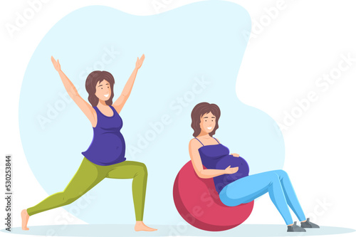 Pregnant woman exercising with fitball and doing yoga. Girl in sportswear doing fitness exercise and practicing yoga asana set. Sports and healthy lifestyle during pregnancy