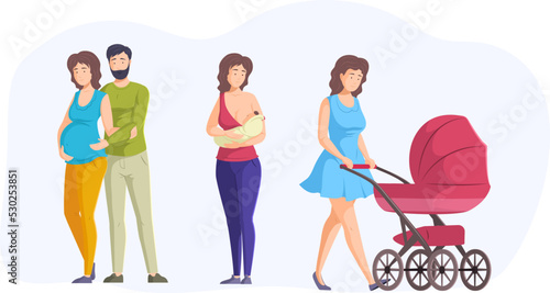 Happy couple expecting baby, mom breastfeeding newborn and walking with pram. Baby birth, happy family concept. Pregnancy, maternity and parenthood set