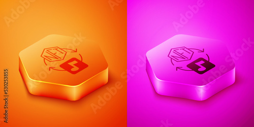 Isometric NFT Digital crypto art icon isolated on orange and pink background. Non fungible token. Hexagon button. Vector