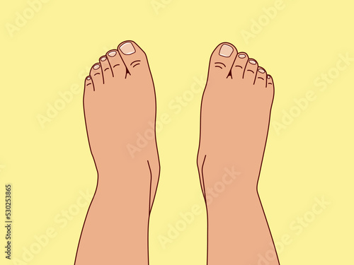 Top view of two bare human feet. Foot legs. Vector flat outline illustration isolated on yellow background.