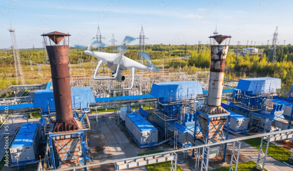 Industrial application drone with camera. Industry control and inspection  chimneys of gas turbo power plant. Scanning of defects on pipe surface  Stock Photo | Adobe Stock