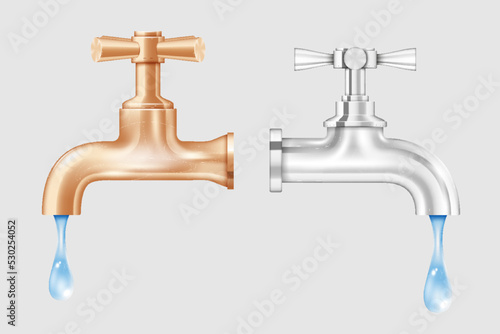 Set of retro water tap with blue drop. Vintage bronze and chrome faucet with dripping water isolated