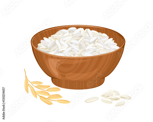 White rice seeds in wooden bowl and plant isolated on white background. Vector cartoon illustration.
