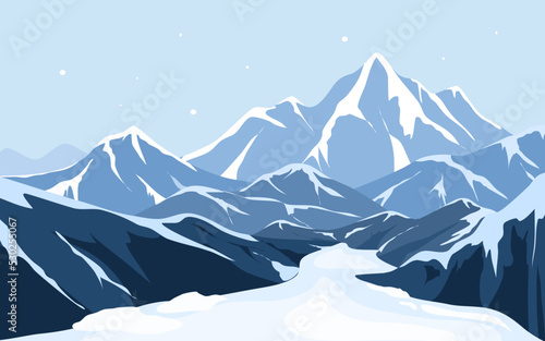 winter landscape with mountains, glacier, and snow