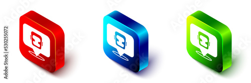 Isometric Boxing helmet icon isolated on white background. Red, blue and green square button. Vector